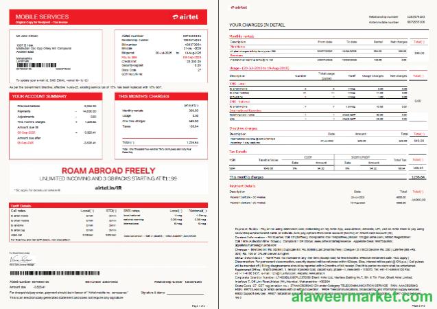 India airtel utility bill template in Word and PDF formats, 2 pages